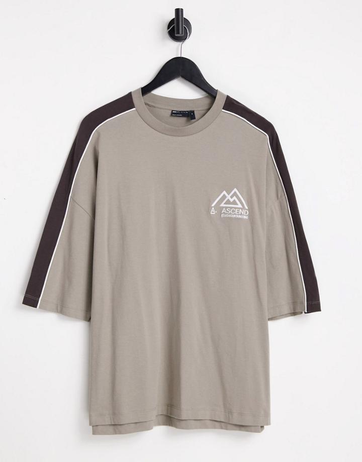 Asos Design Oversized T-shirt In Brown Color Block With Front Print
