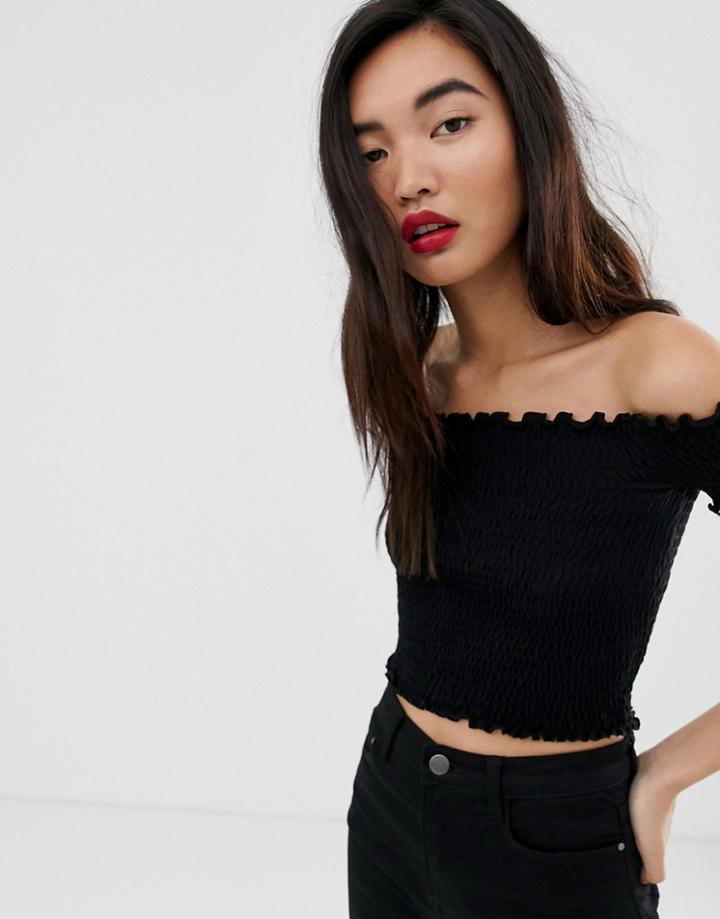 Stradivarius Shirred Off Shoulder Top In Black