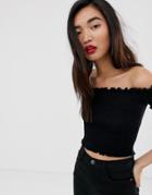 Stradivarius Shirred Off Shoulder Top In Black