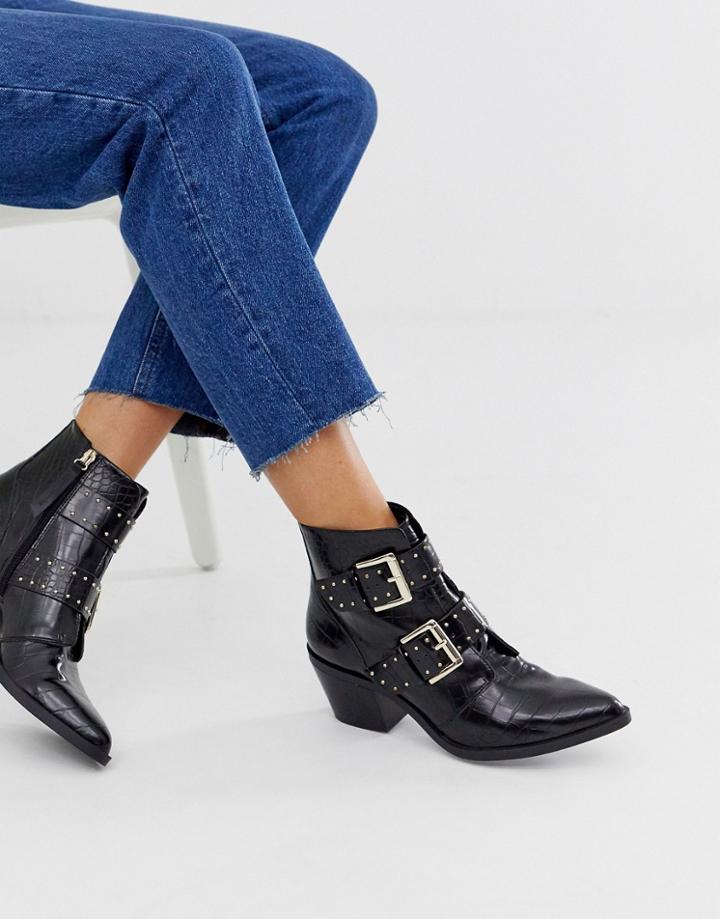 Stradivarius Str Moc Croc Heeled Buckle Boots In Black