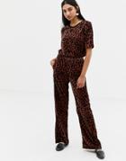 In Wear Velvet Leopard Print Wide Leg Pants-brown