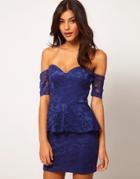 Asos Off Shoulder Lace Dress With Peplum - Blue