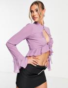 Asos Design Long Sleeve Blouse With Keyhole Front And Ruffle Hem In Purple