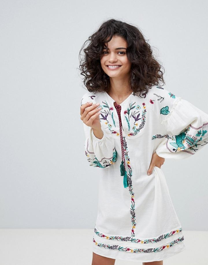Mango Premium Embroidered Caftan In White - White