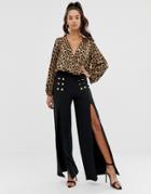 Asos Design Wide Leg Pants In Jersey Crepe With Split And Button Detail-black