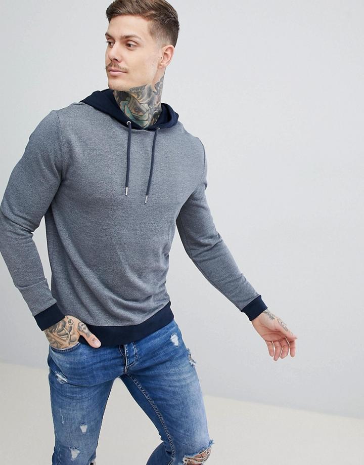 Asos Design Hoodie In Navy Marl With Contrast Tipping - Navy