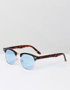 Asos Retro Sunglasses In Black With Tort Arms And Blue Lens - Black