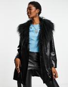 Asos Design Croc Vinyl Belted Coat With Fur Collar In Black