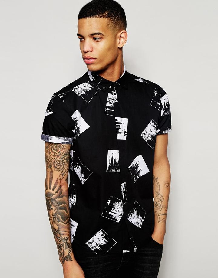 Asos Shirt With Square Print In Half Sleeve In Regular Fit - White