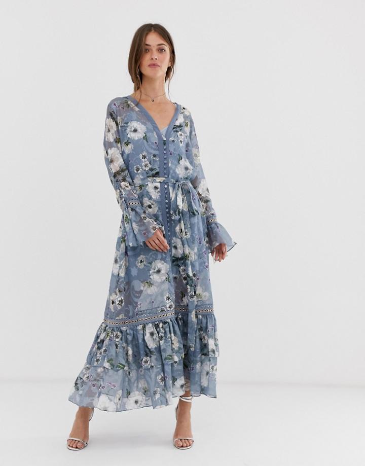 We Are Kindred Tabitha Floral Midi Dress With Button Front - Blue