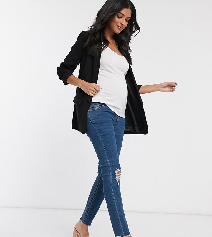 Asos Design Maternity High Rise Ridley 'skinny' Jeans In Bright Blue With Rips And Raw Hem With Under Bump Waistband