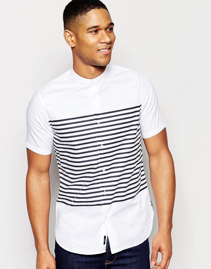 Armani Jeans Shirt With Grandad Collar & Stripe Slim Fit Short Sleeves