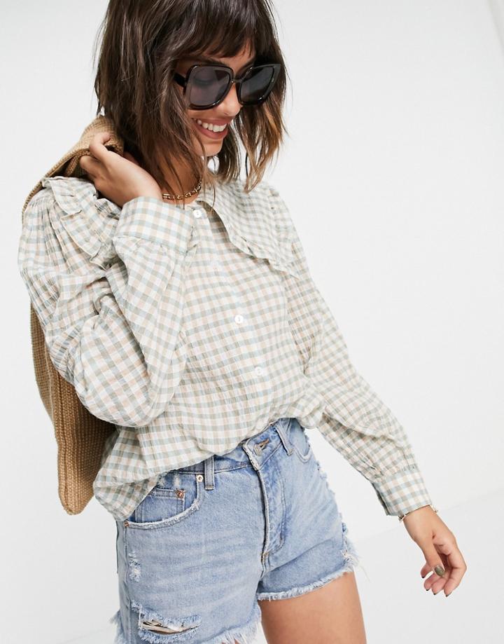 Mango Collared Gingham Blouse In Sage-multi