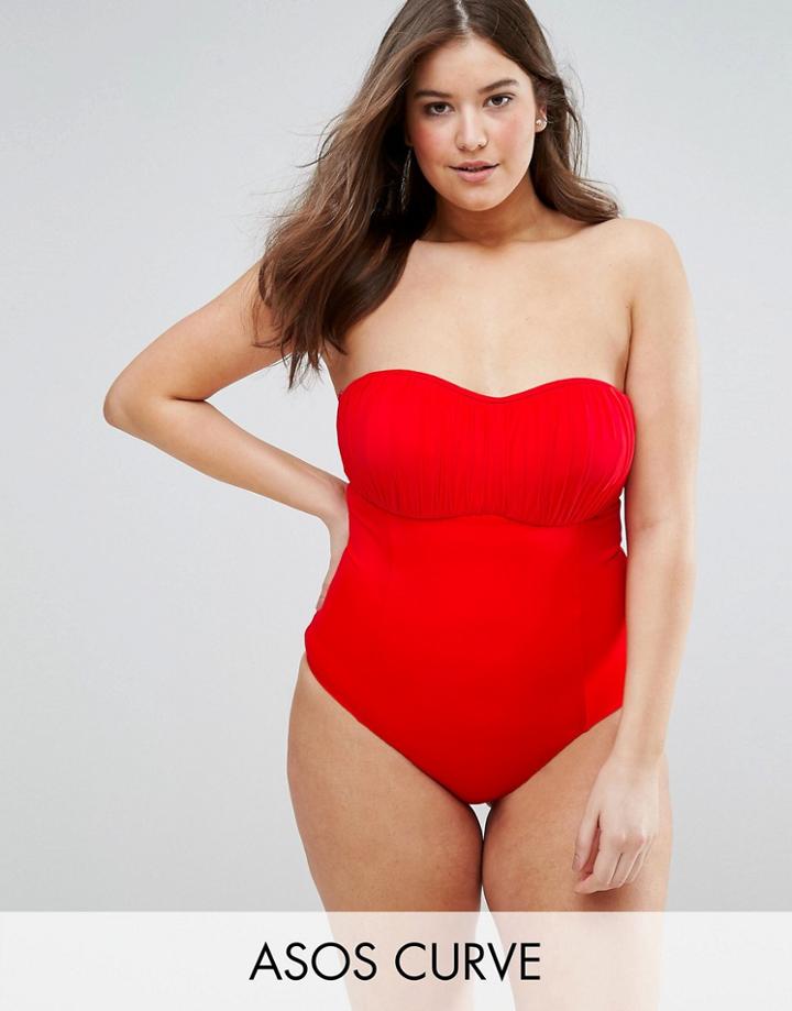 Asos Curve Ruched Bandeau Swimsuit - Red