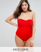 Asos Curve Ruched Bandeau Swimsuit - Red