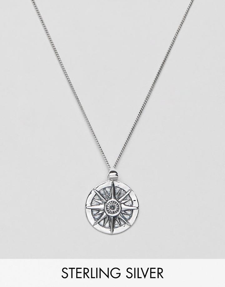 Asos Design Sterling Silver Necklace With Compass Pendant - Silver