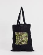 Asos Design Organic Cotton Tote Bag In Black With Neon Leopard Box Print - Black