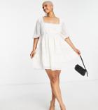 Asos Design Curve Embroidered Square Neck Mini Smock Dress In Cream-white