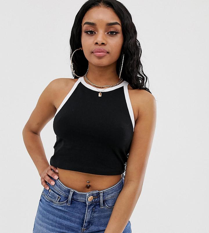 Asos Design Petite Crop Top With Tipped High Neck In Black - Black
