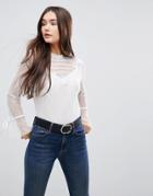Qed London Mesh Top With Frill Sleeve - Cream