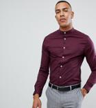 Asos Design Tall Skinny Shirt With Grandad Collar In Burgundy - Red