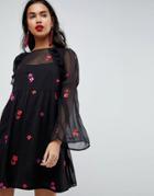 Asos Embroidered Smock Mini Dress - Black