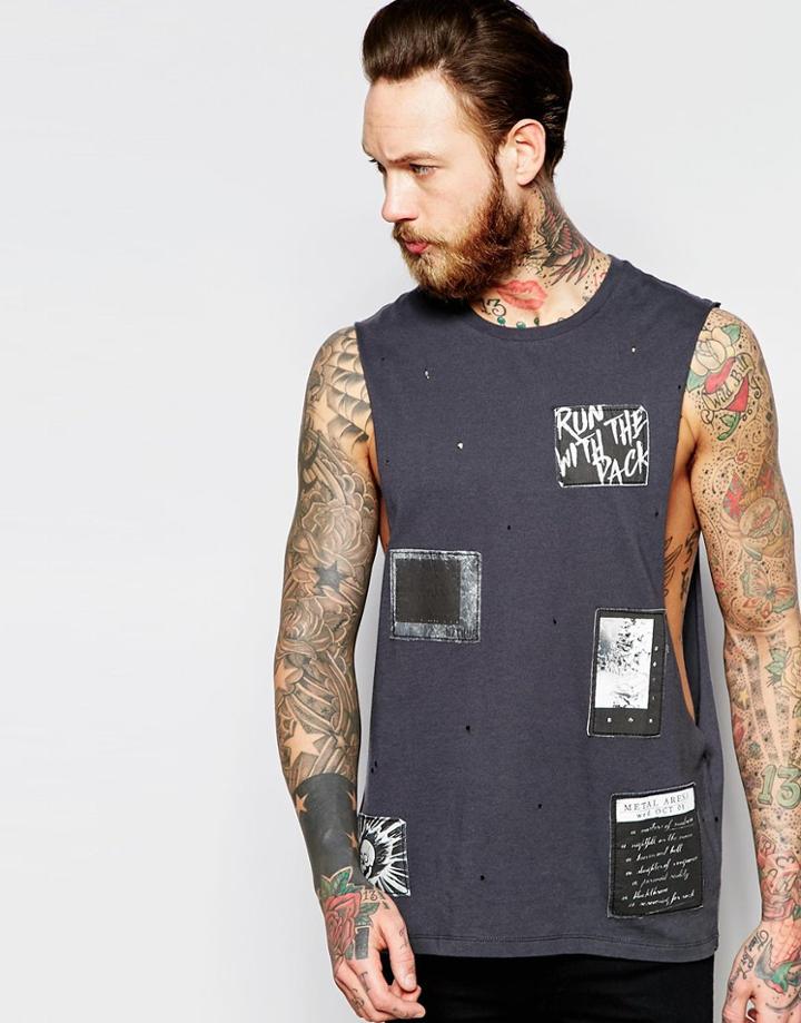 Asos Sleeveless T-shirt With Patch Applique And Distressed Finish - Gray