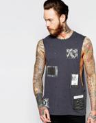 Asos Sleeveless T-shirt With Patch Applique And Distressed Finish - Gray