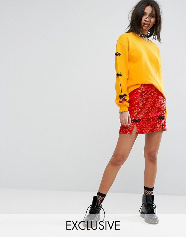 Milk It Vintage Mini Skirt In Satin Brocade With Frogging Detail - Red