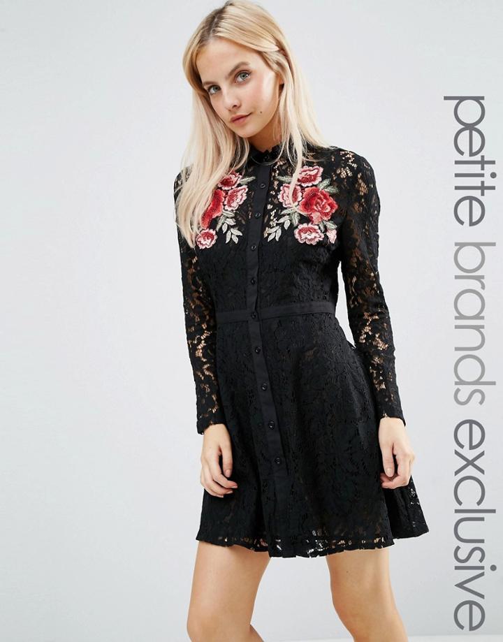 Fashion Union Petite Lace Dress With Floral Applique Detail - Black