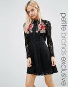 Fashion Union Petite Lace Dress With Floral Applique Detail - Black