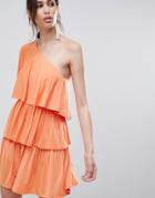 Asos Design Slinky One Shoulder Frill Mini Dress - Orange