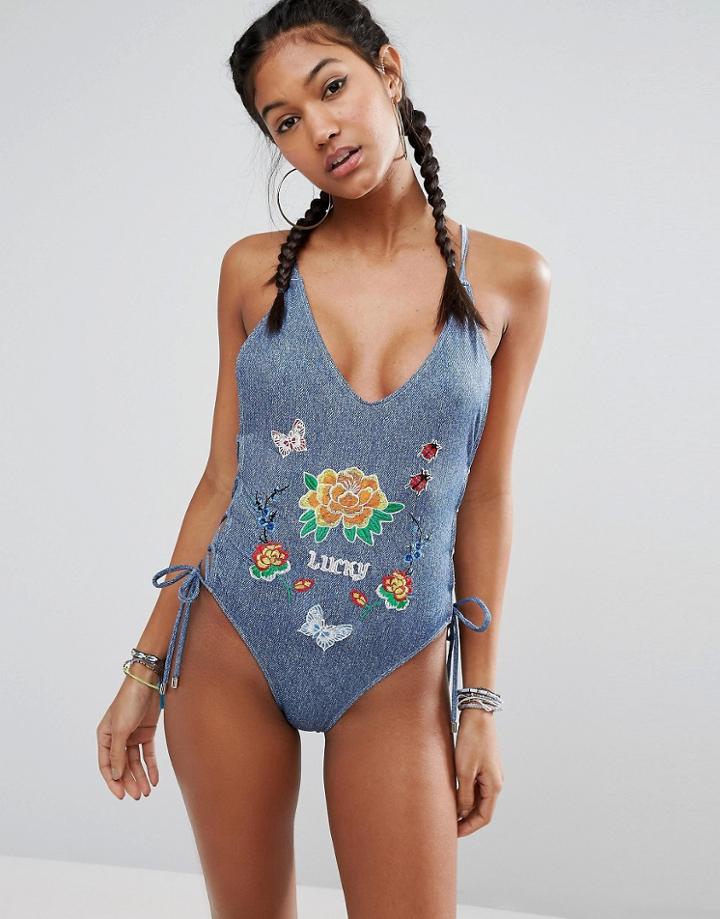 Jaded London Embroidered Denim Print Swimsuit - Multi