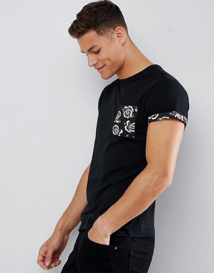 New Look Floral Pocket T-shirt - Black