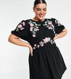 Asos Design Curve Mini Dress With Puff Sleeve And Cross Stitch Embroidery In Black