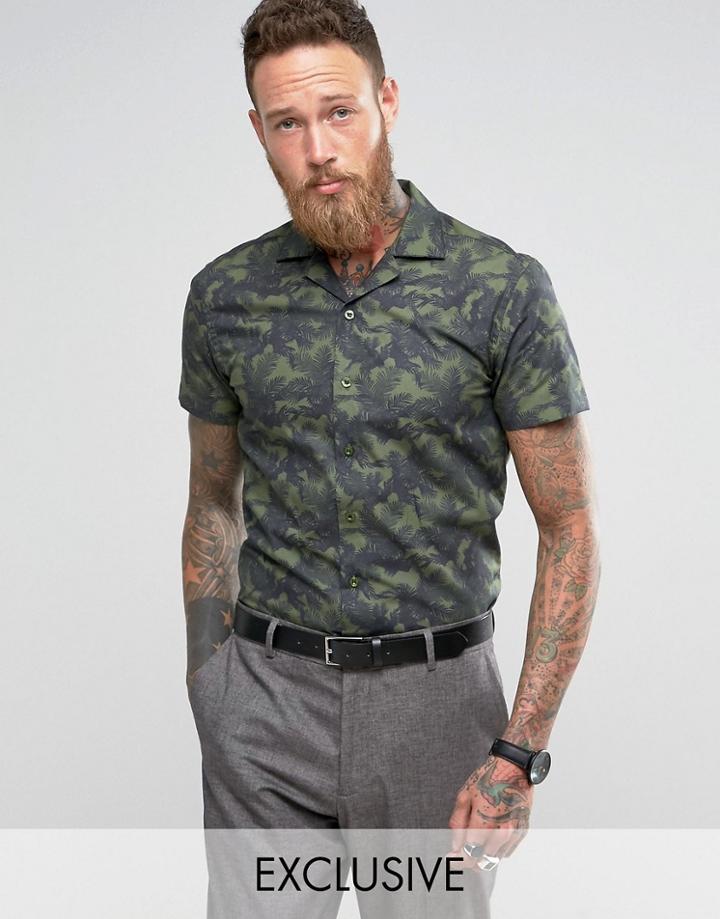 Noose & Monkey Slim Short Sleeve Revere Collar Shirt In Print - Green