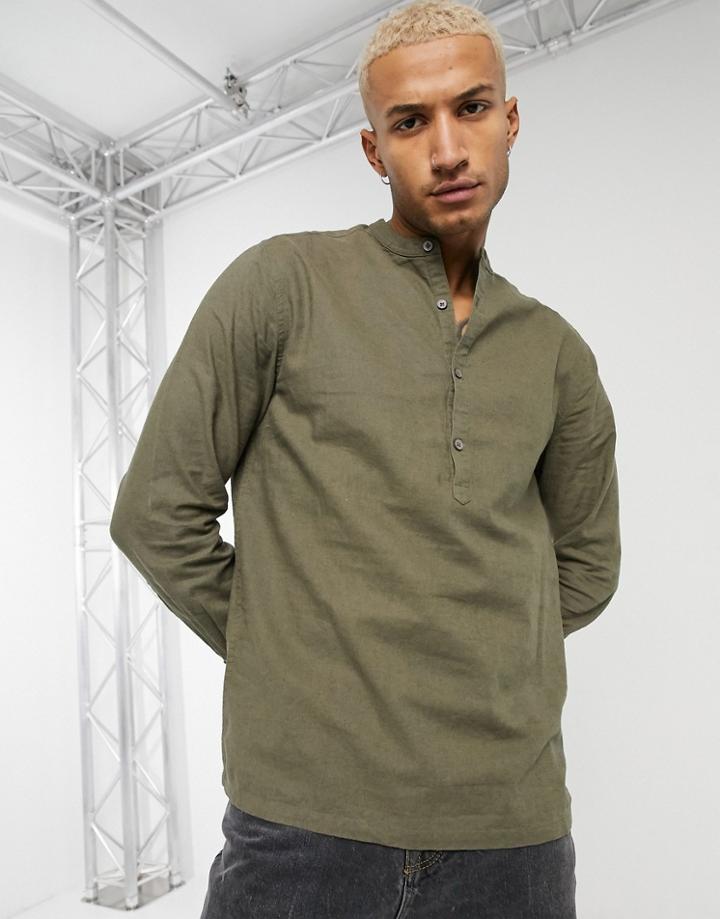 Asos Design Pullover Linen Shirt With Band Collar In Khaki-green