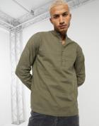 Asos Design Pullover Linen Shirt With Band Collar In Khaki-green