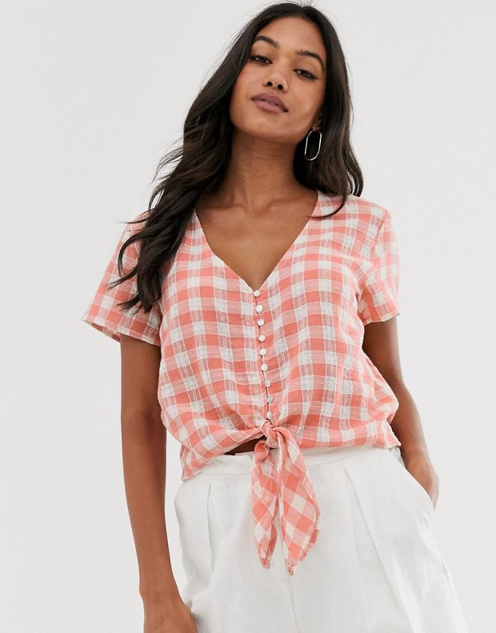 Stradivarius Tie Front Gingham Blouse In Red - Red