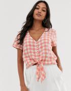 Stradivarius Tie Front Gingham Blouse In Red - Red