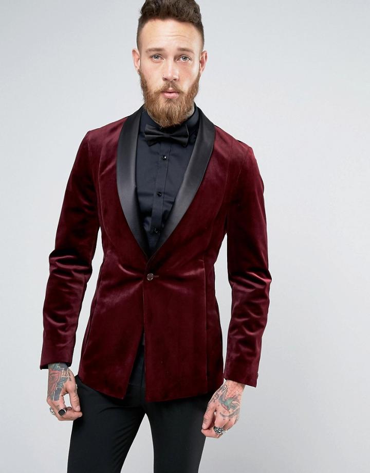 Asos Skinny Smoking Jacket In Burgundy Velvet - Red