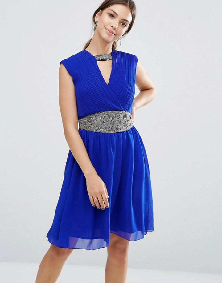 Little Mistress V Neck Skater Dress With Embellished Waist - Blue