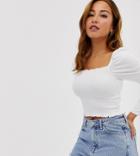 Asos Design Petite Shirred Top With Puff Sleeve - Cream