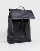 Asos Design Leather Backpack In Black With Zip Detail And Front Flap - Black