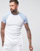 Asos Longline Muscle T-shirt With Curved Hem And Contrast Raglan Sleeves In Waffle - White