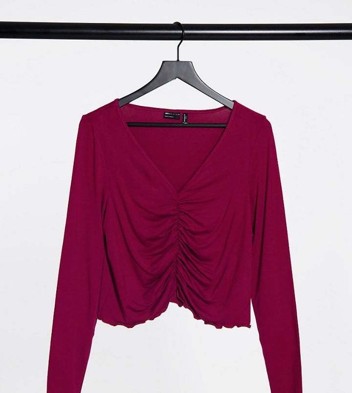 Asos Design Curve V-front Ruched Detail Top With Long Sleeves And Lettuce Edge In Burgundy-red