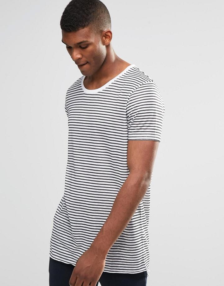 Asos Super Longline T-shirt With Mini Black And White Stripe In Linen Look Slub With Cap Sleeve