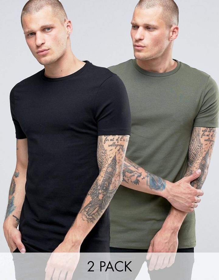 Asos 2 Pack Longline Muscle T-shirt In Black/green - Multi