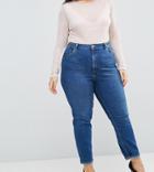 Asos Design Curve Farleigh High Waist Slim Mom Jeans In Blossom Darkwash - Blue