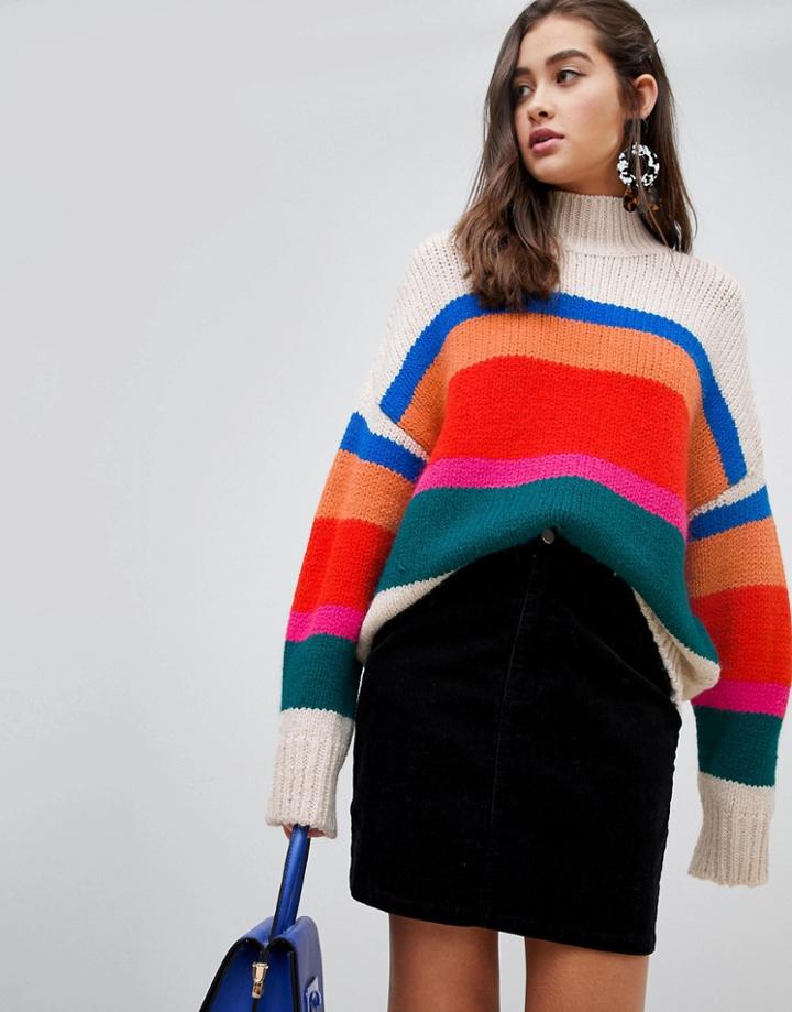 New Look High Neck Sweater In Cream Stripe - Cream